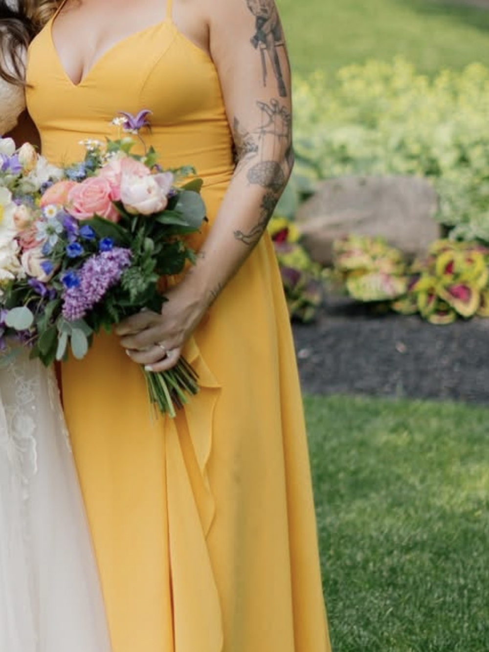 Marigold A-Line V-Neck Ruffle Chiffon Dress